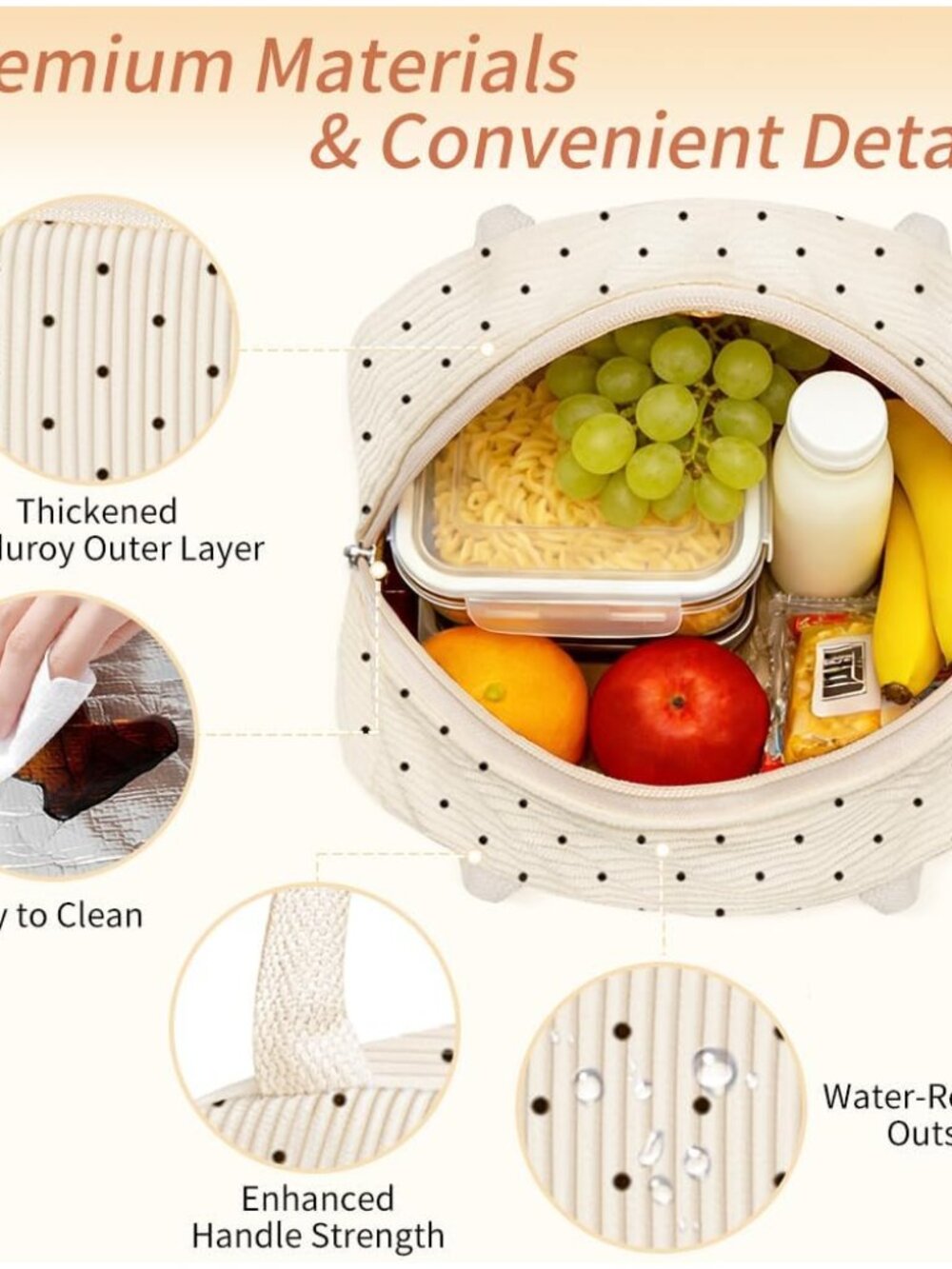 Lunch Bag Lunch Box for Women Men, Reusable Cute Corduroy Lunchbag - Leakproof, - Picture 4 of 9